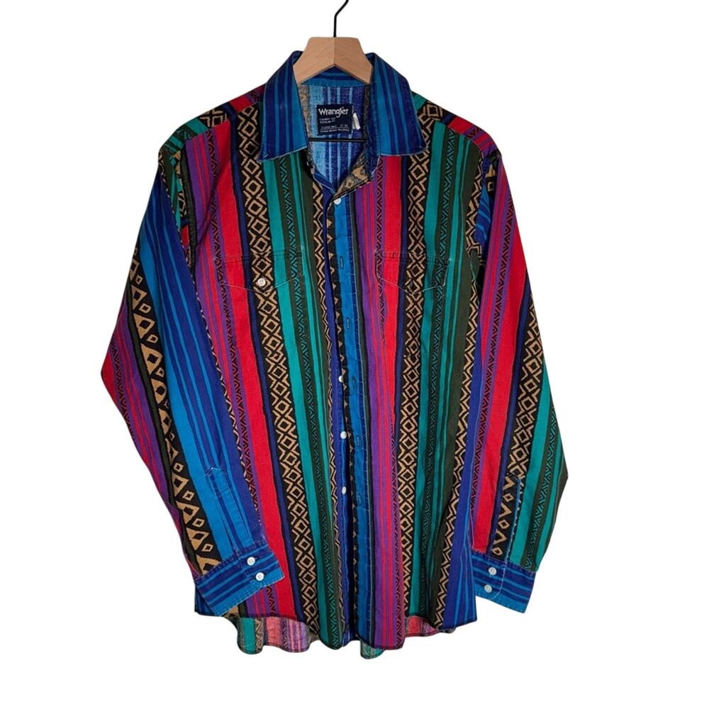 VINTAGE WRANGLER Brushpopper Western shirt colorful striped Aztec design 17 XL